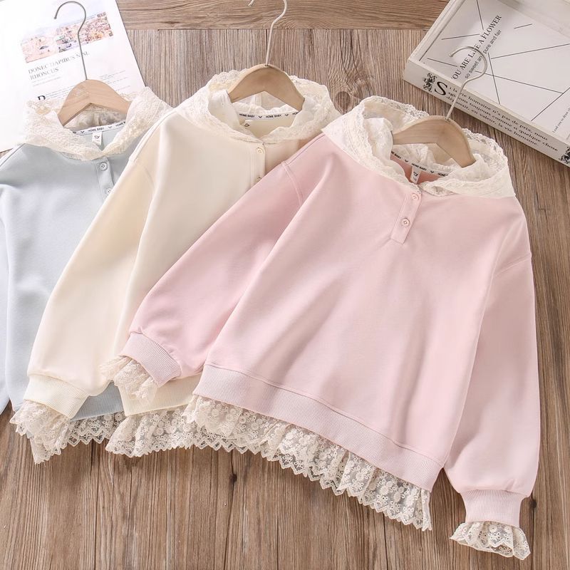 女童纯色T恤洋气儿童长袖潮流卫衣春秋2025新款女孩拼接设计圆领