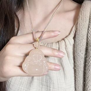 天然藕粉色玉佛吊坠弥勒佛公双面玉坠项链女玉石吊坠国风轻奢款