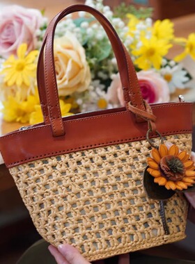 MBOX皮草编手提包  植鞣牛皮手缝斜挎拼接百搭简约