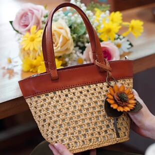 MBOX皮草编手提包  植鞣牛皮手缝斜挎拼接百搭简约