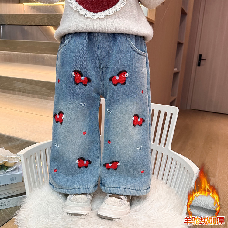 女童加绒加厚刺绣牛仔阔腿裤