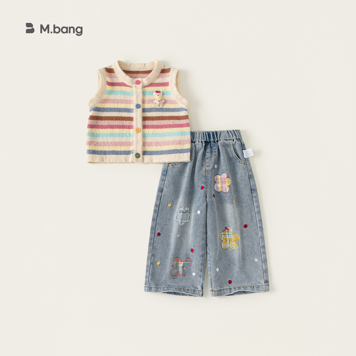 童装春款衣服针织马甲女童三件套阔腿牛仔裤新品儿童套装90-140