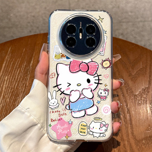 适用华为mate70air手机壳新款 可爱创意HelloKitty涂鸦贴纸kt猫mate60pro透明超薄男女 mate70pro全包防摔pro