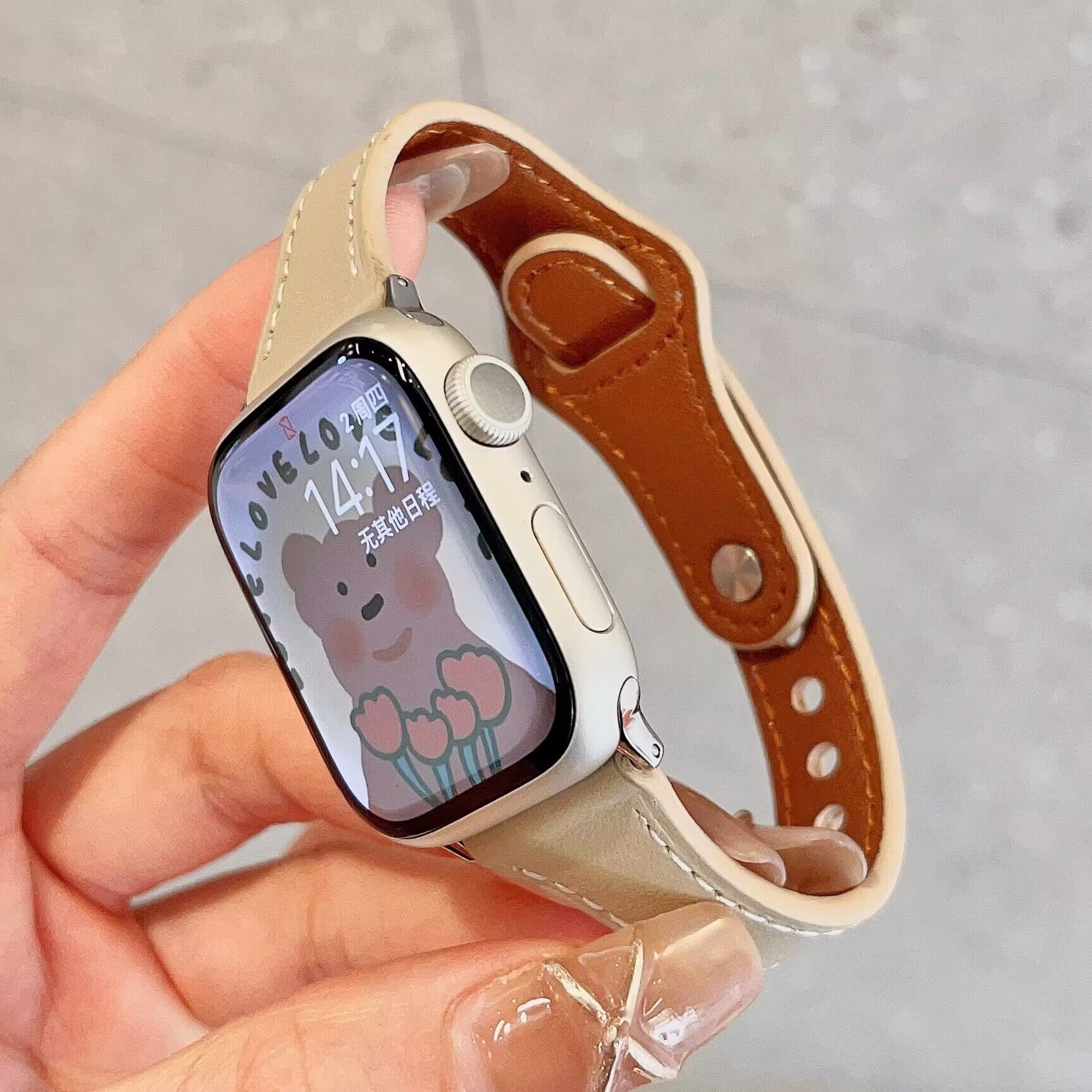 圣铂适用苹果手表applewatch表带s9女真皮iwatch87654321代手表带s7细款钉扣se小蛮腰watchs6皮质高级感小众-封面