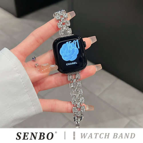 适用于苹果s10手表带新款金属s12/11镶钻表带iwatch9/8/7/6夏季透气智能手表se代运动腕带ultra4轻奢男女高级