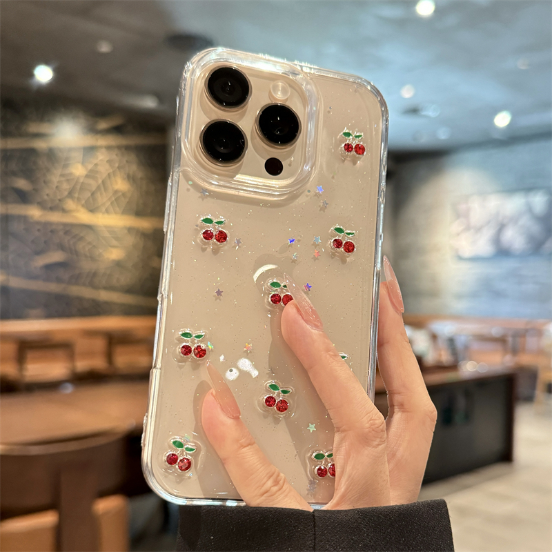 适用苹果16promax立体闪粉樱桃