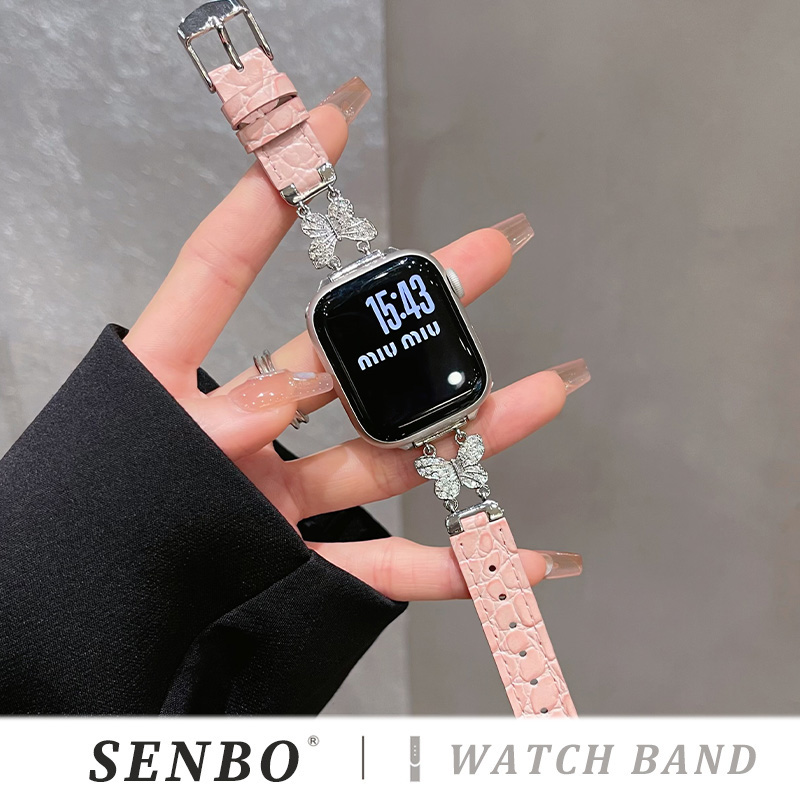 适用iwatch10苹果手表带s9蝴蝶闪钻拼鳄鱼皮表带ultra滴胶金属applewatch8/7/6/5/4/se代轻奢时尚夏季女高级