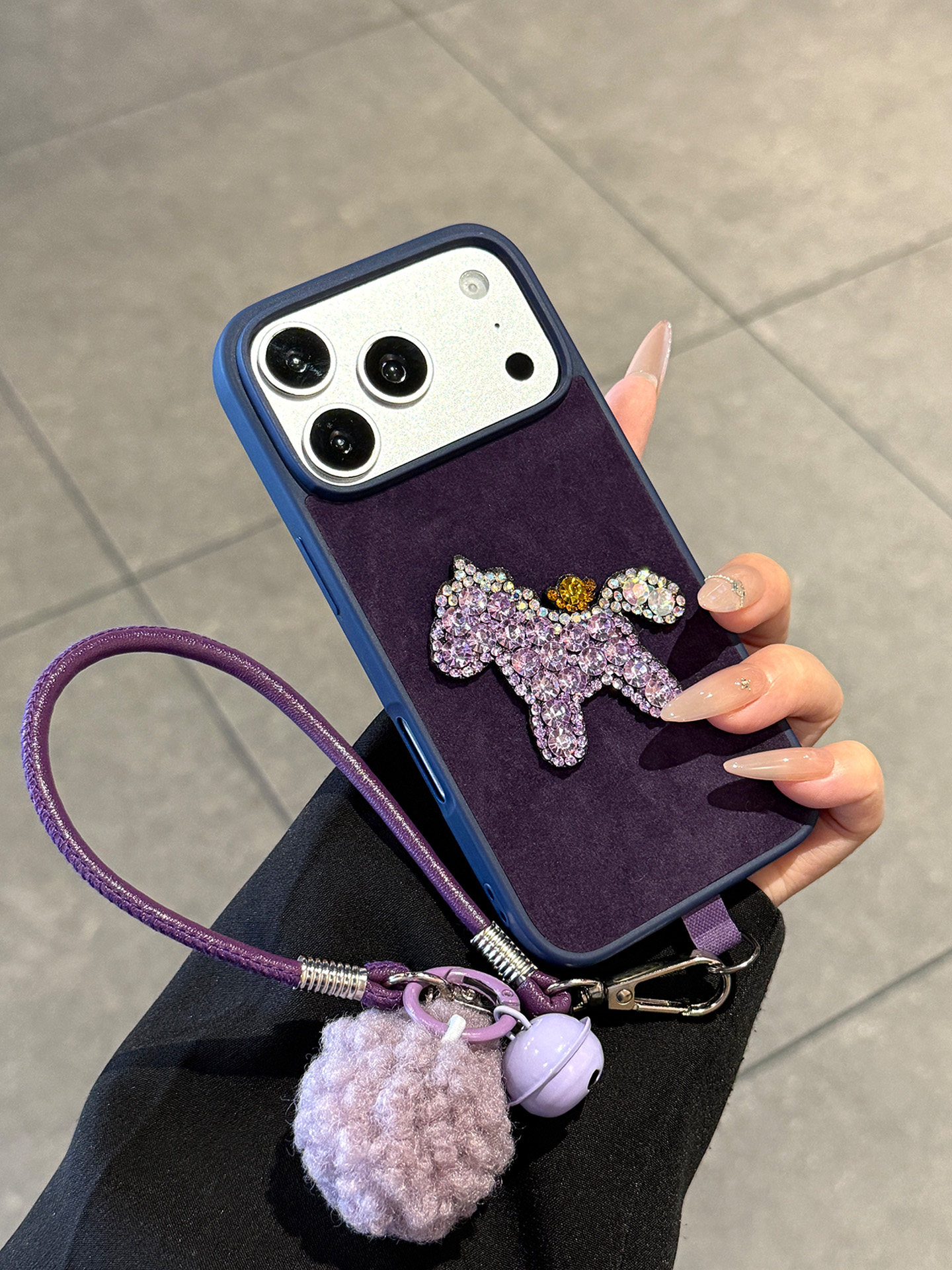 ng2510227 Suitable Phone Case, IPhone 17 Max, Light Luxury High-End Purple Plush Fabric Diamond-Encrusted Ingot And Pony Design,_voghion.com