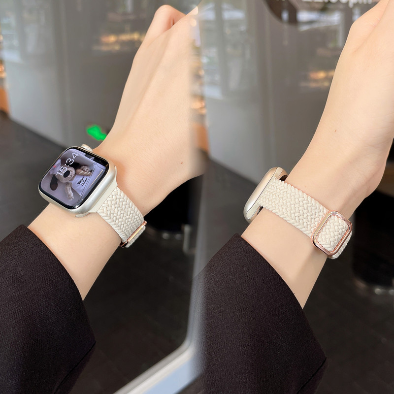 圣铂适用iwatch9表带s9小蛮腰尼龙编织s8苹果手表表带applewatch7/6/5/4代se新款时尚ultra女运动S7单圈弹力-封面