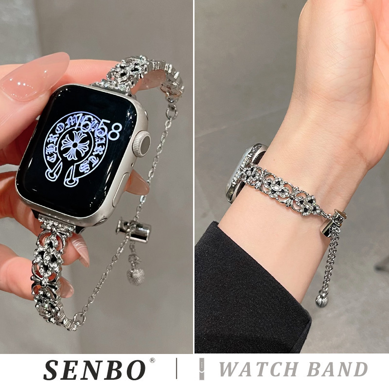 适用iwatch10手表带新款s9克罗心四叶草镶钻表带applewatch8/7/6/5/4夏季金属轻奢se代女时尚男高级感替换带