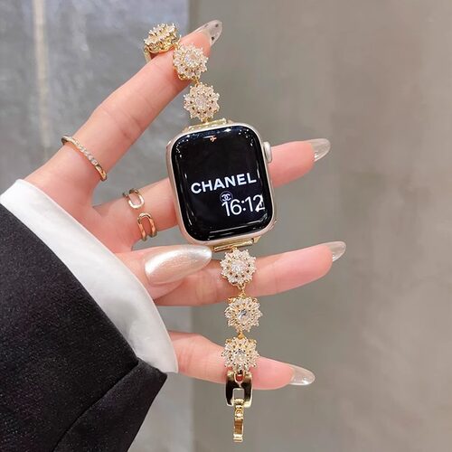 适用iwatch9表带新款10苹果手表applewatch8/7/6/5代se手表带金属冰凌花闪钻s8/7智能表链41mm45夏天女款高级