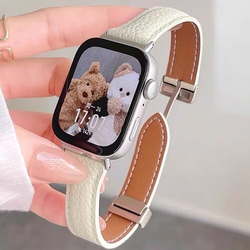 适用苹果手表带applewatch11/10表带新款小蛮腰荔枝纹表带真皮皮质iwatch9/8/7代智能时尚腕带42/46mm高级感