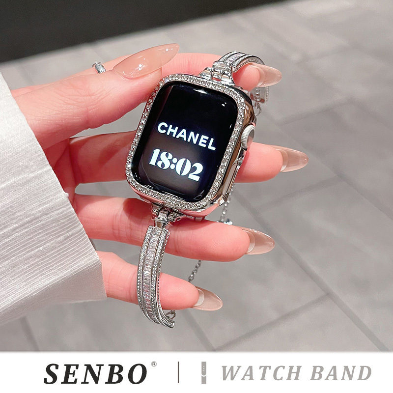 圣铂适用iwatch10新款手表带Apple Watch9单排镶钻金属腕带s7/6/5/4秋冬时尚se代女款41/40mm轻奢高级感表带