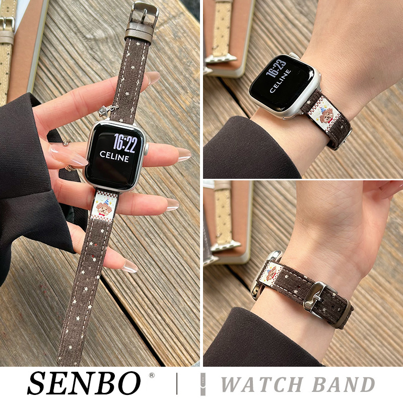 适用于苹果iwatch11/10手表带s9礼帽小狗灯芯绒表带applewatch8/7/6星星挂坠se代秋冬男女款ultra高级感腕带