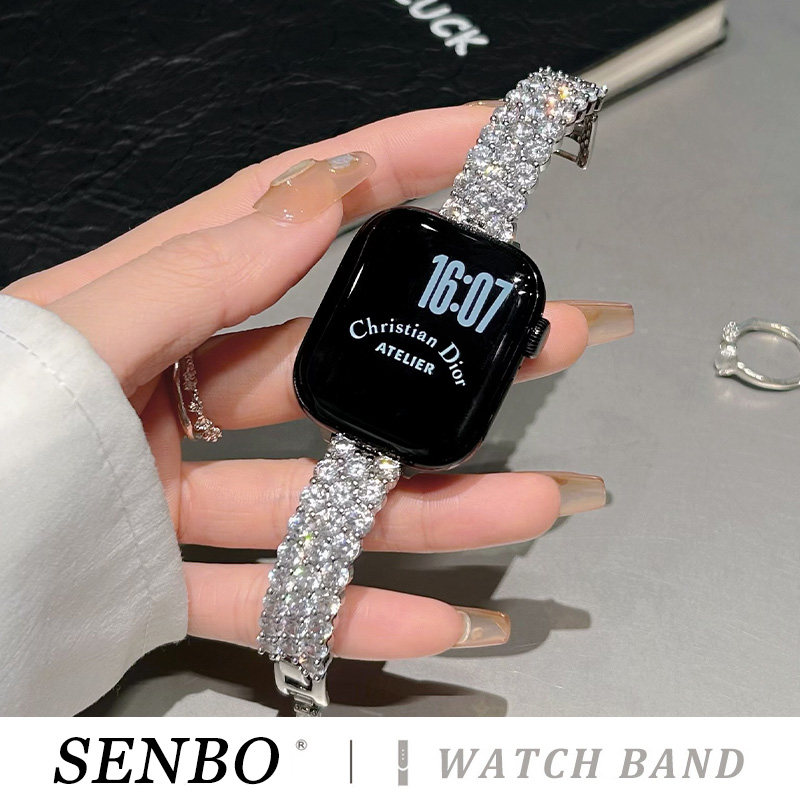适用iwatch11苹果手表带S10新款金属满钻表带applewatch9/8/7/6/5智能春夏女款se代小香风42/46mm高级感腕带