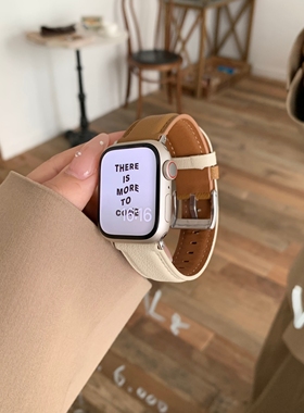 圣铂适用苹果手表表带S9荔枝纹星光色S7小羊皮applewatch表带iwatch78男女款真皮SE腕带watchs78秋冬皮质654