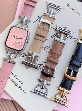 适用iwatch10苹果手表表带小牛皮D字扣小香风applewatch987654代手表带iphonewatch新款ultra真皮皮质41mm45