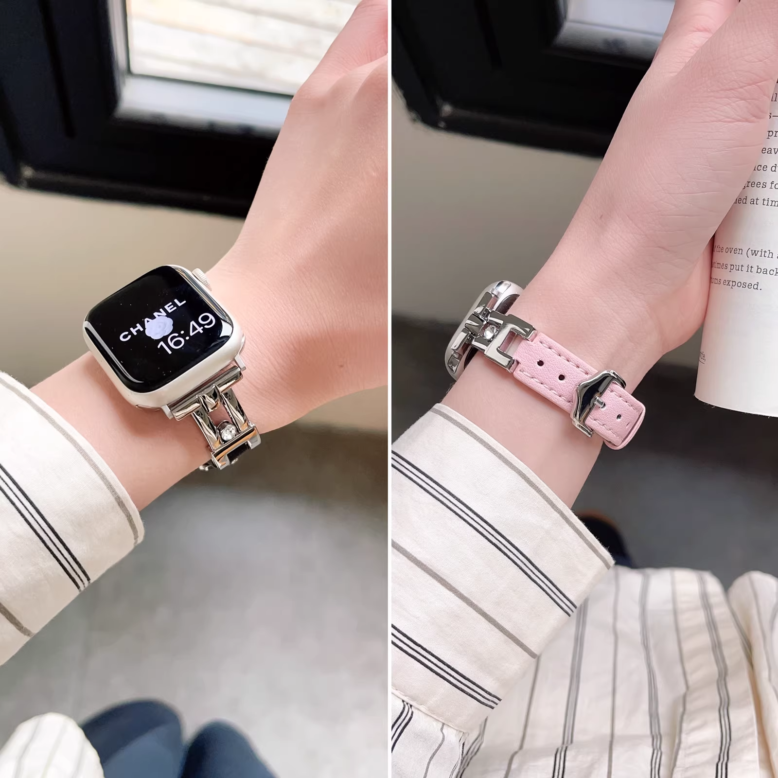 适用iwatch s9表带S10苹果手表带applewatch新款ultra金属拼真皮iphonewatch小香风女款41mm45高级7/6/5/4代
