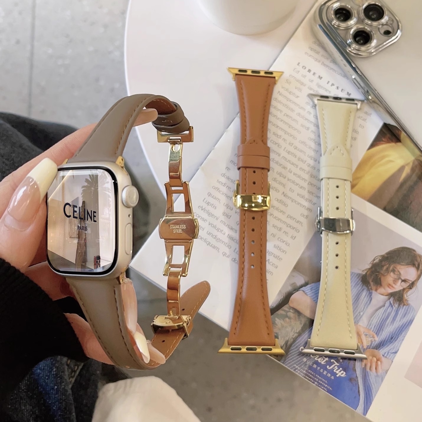 圣铂适用于iwatch10代苹果s9/8手表表带applewatch4567SE通用手表带蝴蝶扣细款真羊皮柔软星光高级小众小香风