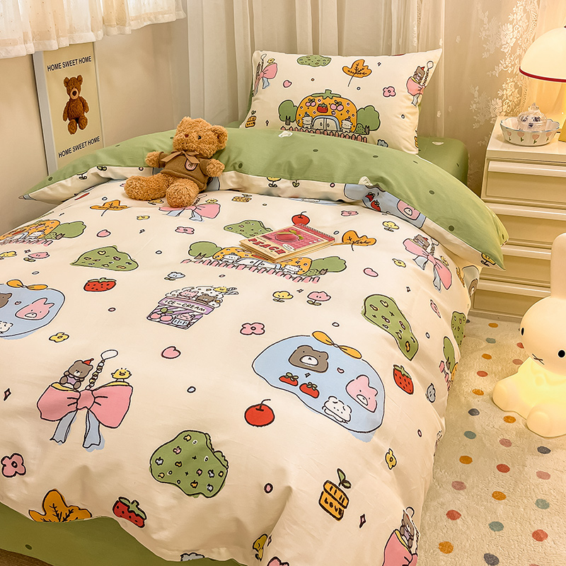 小清新全棉四件套学生宿舍纯棉卡通儿童被套床单三件套床上用品