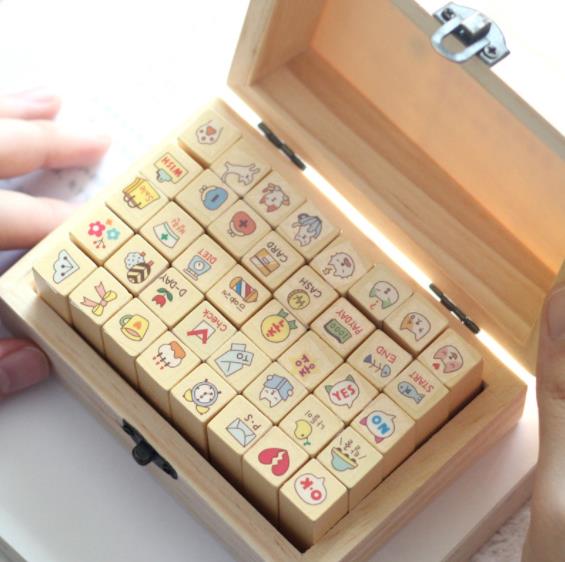 创意可爱印章猫咪图案彩色装饰40枚木质印章手账DIY装饰