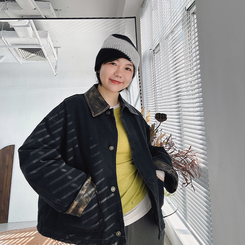 糖皮出品 羊皮领拼接 假两件 冬季保暖白鹅绒 牛仔外套式羽绒服