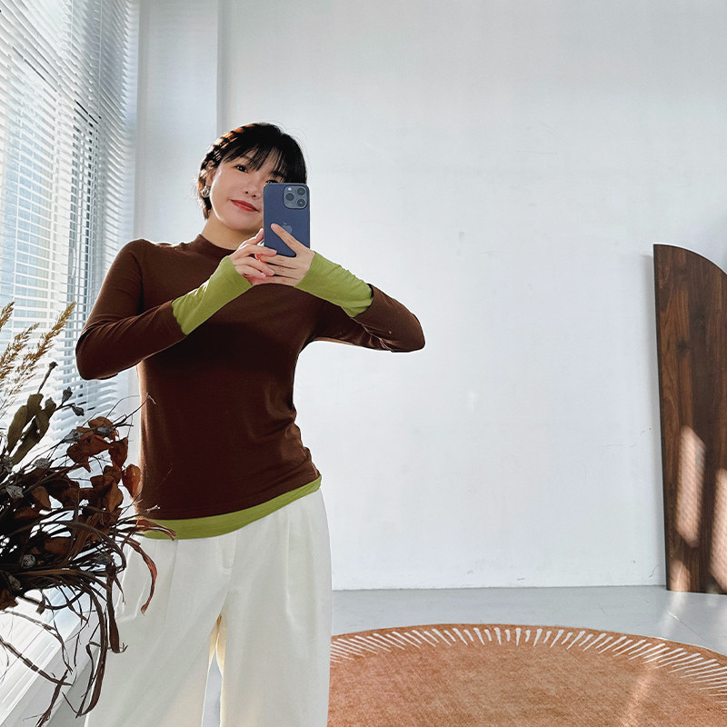 糖皮出品 叠穿法宝 天丝羊绒 假两件撞色 冬季半高领长袖打底TEE