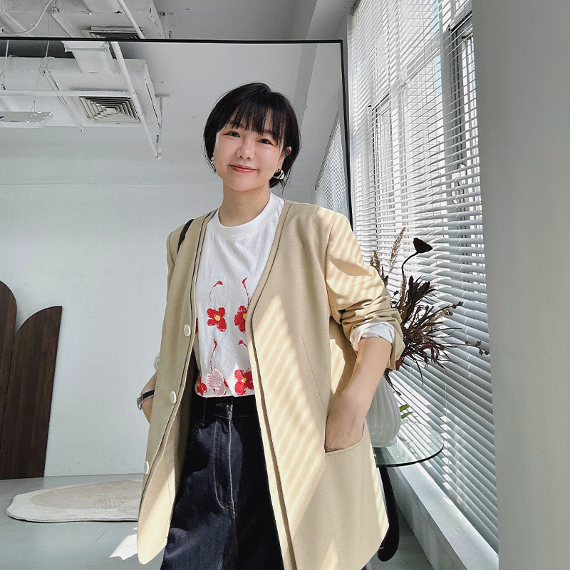 糖皮出品 凡心所向素履以往 双层叠搭 春季轻薄款卡其色无领西装