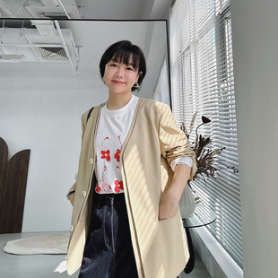 凡心所向素履以往 卡其色无领西装 双层叠搭 轻薄款 春季 糖皮出品