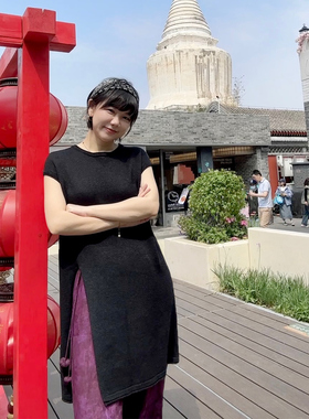 糖皮出品 云端 日本和纸纱 单侧开衩 黑色中长款套头针织衫