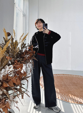 糖皮出品 摩登时代 精纺羊毛 冬季灰色高腰阔腿拖地裤