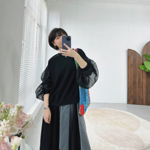 轻熟感黑色宽松chill卫衣 半透明网纱袖 糖皮出品 拒绝无聊