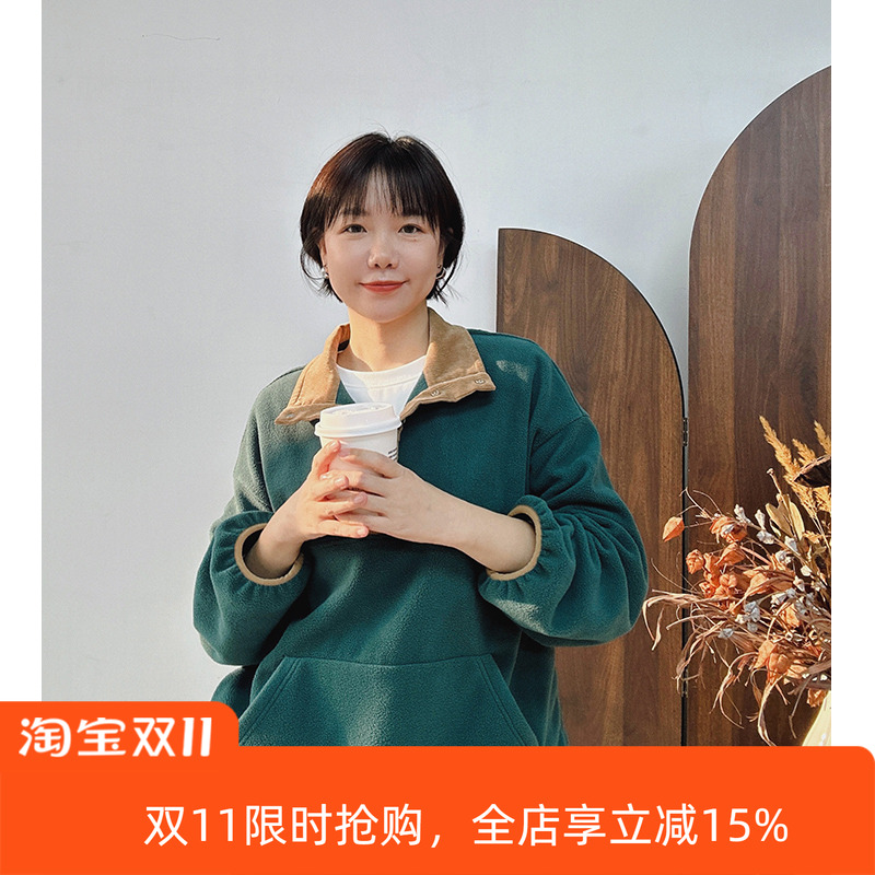 糖皮出品 身心舒畅 纽扣半高领 冬季锁温宽松套头摇粒绒卫衣