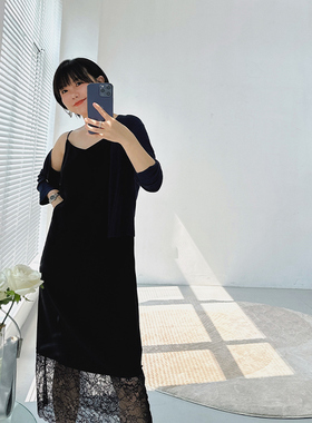 糖皮出品 轻抚凡人心 高端醋酸材质 夏季优雅气质黑色蕾丝吊带裙