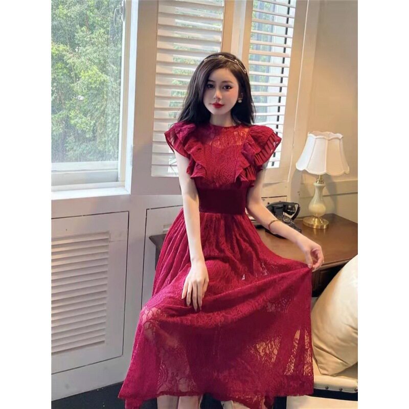 法式复古蓝色无袖蕾丝连衣裙女夏高级感初恋茶歇裙子女设计感小众