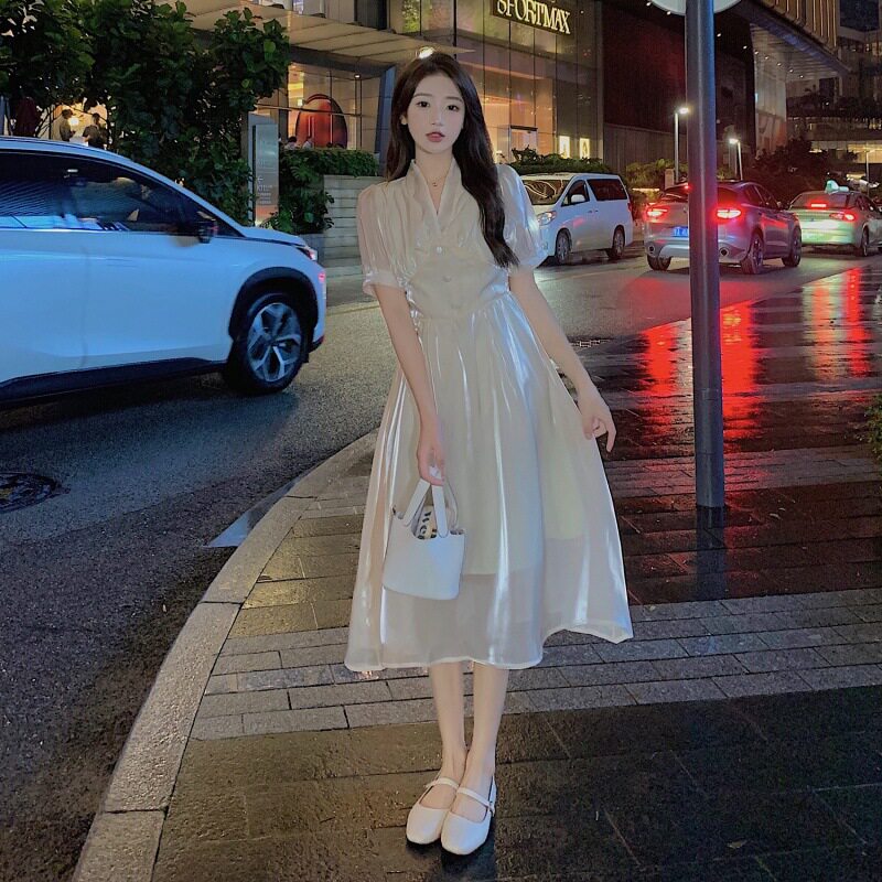 大码女装微光感人鱼纱收腰显瘦中长款连衣裙女偏光雪纺裙女