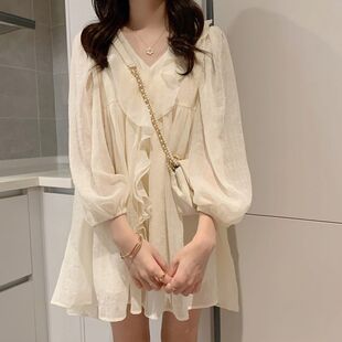 2022新款纯欲风白色连衣裙女小个子高级感甜美仙女娃娃裙夏季防晒