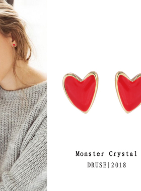 MC美国进口红釉红色桃心耳钉925纯银女气质简约个性百搭网红耳饰