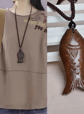 木质小鱼吊坠项链长款民族风可调节绳子毛衣链男女棉麻衣配饰挂件