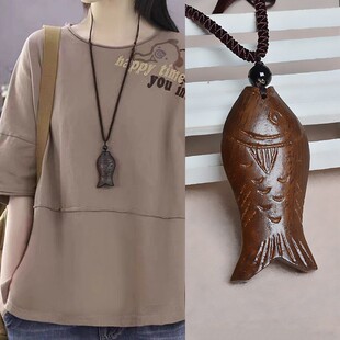 木质小鱼吊坠项链长款民族风可调节绳子毛衣链男女棉麻衣配饰挂件