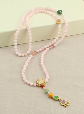 新中式复古紫色平安锁吊坠长款浅粉色玉石串珠项链女国风毛衣链潮