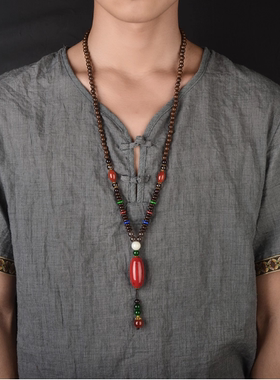 松石木质圆珠男女中国风毛衣链长