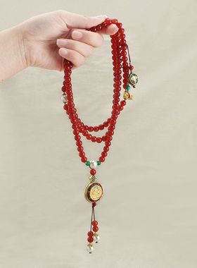 红色玻璃圆珠流苏斜挎项链藏式唐卡普贤鼓形吊坠新中式国风毛衣链
