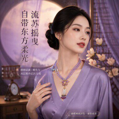 国风紫色蝴蝶流苏璎珞项链 汉服配饰 古风少女长款双层叠戴锁骨链