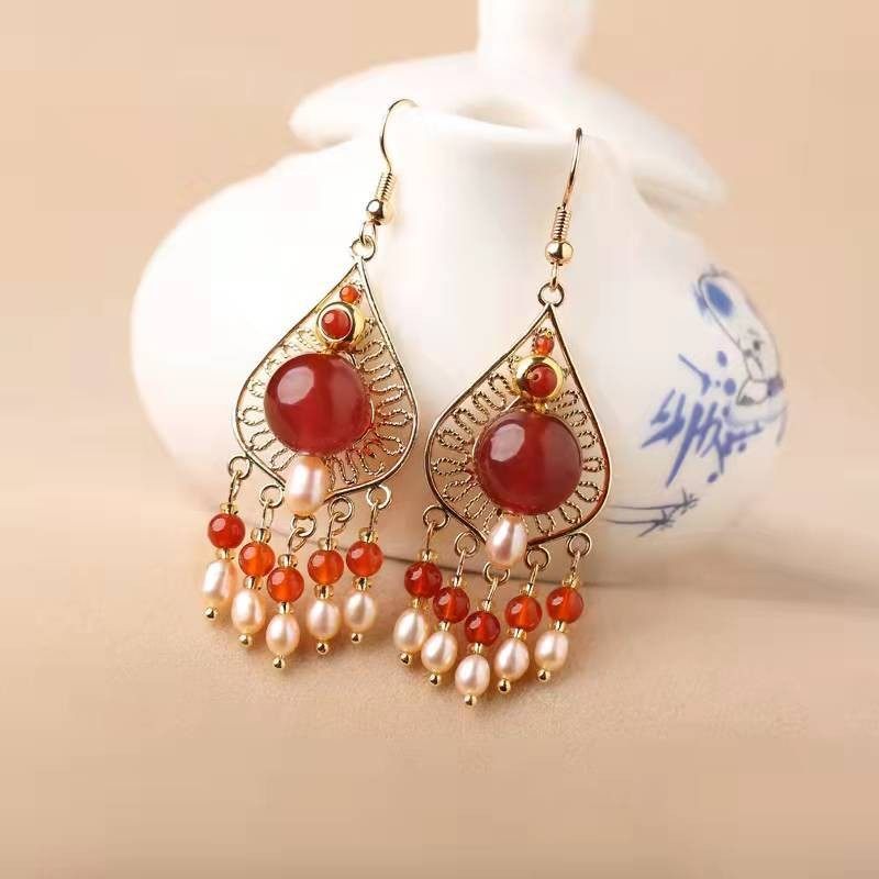 新中式复古红玛瑙珍珠流苏几何耳环女民族风高级感气质耳坠银耳勾,饰品/流行首饰/时尚饰品新,耳环,淘宝优惠券,粉丝福利购,淘宝优惠卷