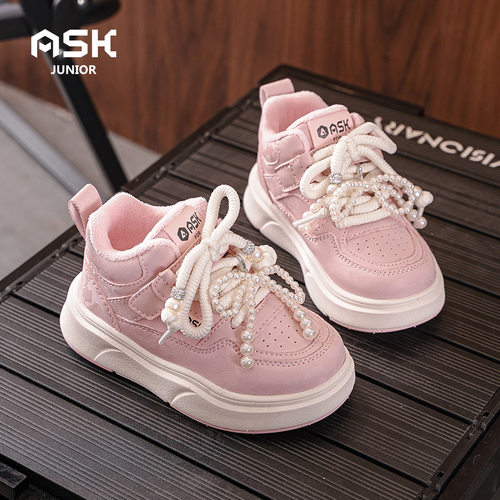 ASK junior2025秋冬新儿童休闲鞋女童百搭小白鞋加绒保暖高帮板鞋