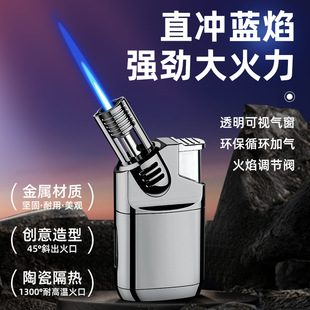 新款弯头透明气仓直冲充气打火机高品质金属小喷枪雪茄艾灸点火器