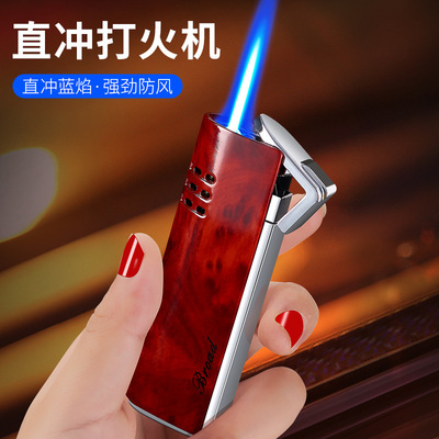 博达新款圆柱形个性创意蓝焰防风直冲金属气体打火机长条扁形