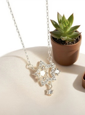 s999通体纯银小众心星星锁骨链足银时尚感微镶闪耀双子星项链