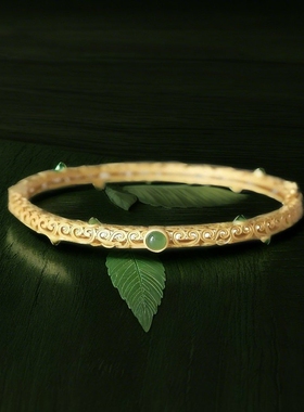 s925银古法包金精雕镂空祥云元宝纹碧玉镶嵌按扣手镯